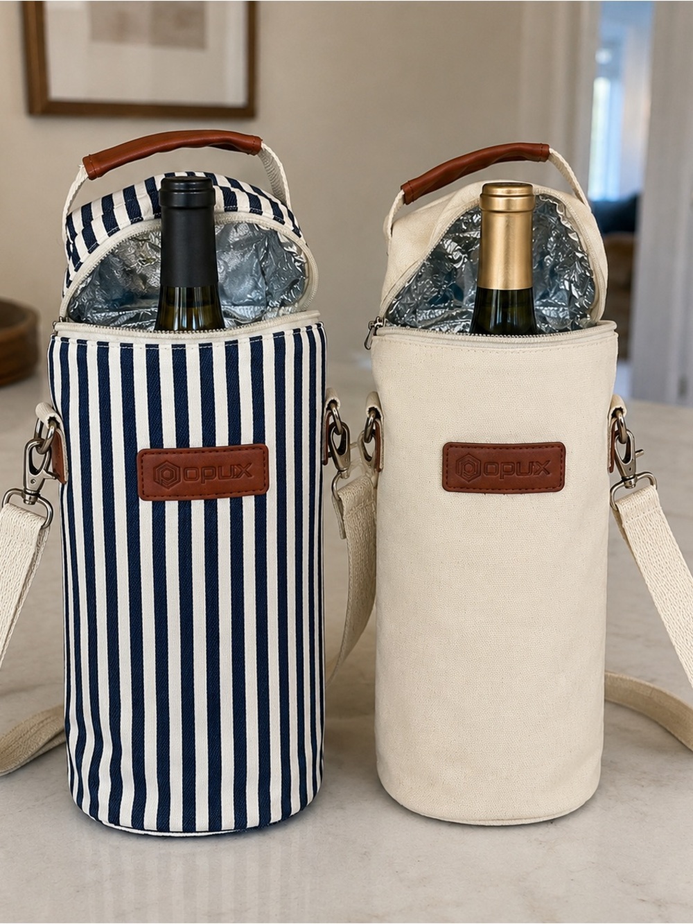 OPUX Insulated Wine Bottle Tote Bags with straps Set of 2